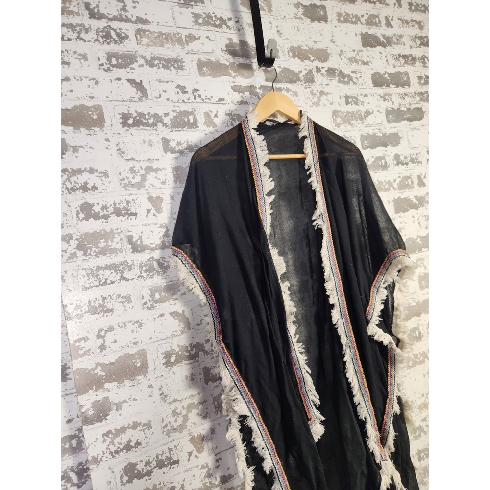 Boho Open Front Kimono Embroidered Trim Fringe Hem Black Large Festival Hippie